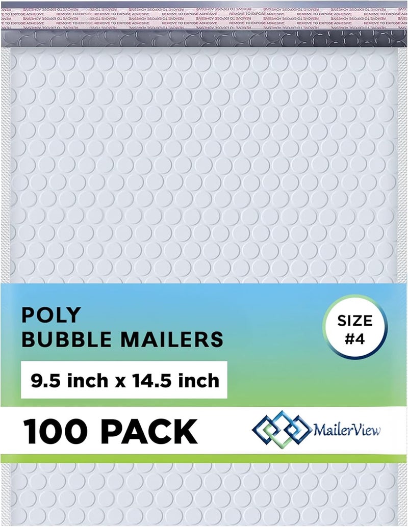 MAILERVIEW White Large Poly Bubble Mailers 9.5x14.5 inch #4 | Self Seal Padded Envelopes Cushioned Bubble Mailer | Usable Size 9.5x13.5 | WaterProof | Lightweight mailing Shipping Bags | 100 Pack Bulk | USA Made - Image 1